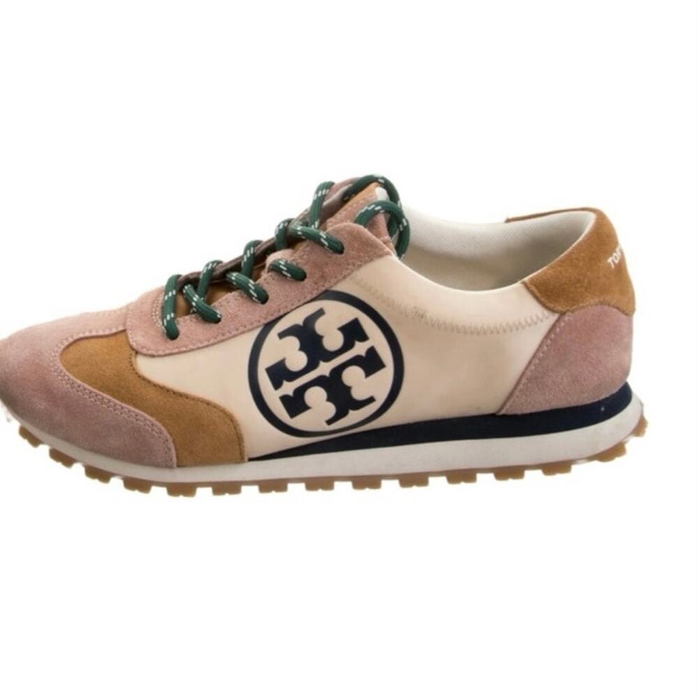 Tory Burch Annie Nylon Runner colorblock sneakers in a pink, tan, cream, suede 7